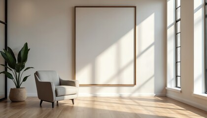 Fototapeta premium Contemporary living room interior features comfortable armchair, large empty canvas on wall, bathed in natural light from large windows. Potted plant adds touch of green to minimalist decor. Serene
