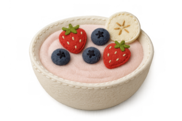 Felt toy breakfast cereal bowl with strawberries, blueberries, and banana slice, ideal for children's play food