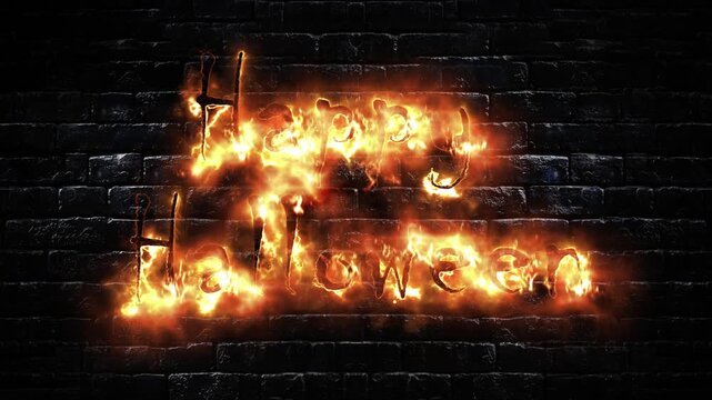 Happy Halloween Fire Brick Wall 4K Loop features Happy Halloween with electrified fire on a black brick wall with shadows of bats and a skeleton going across the wall in a loop.