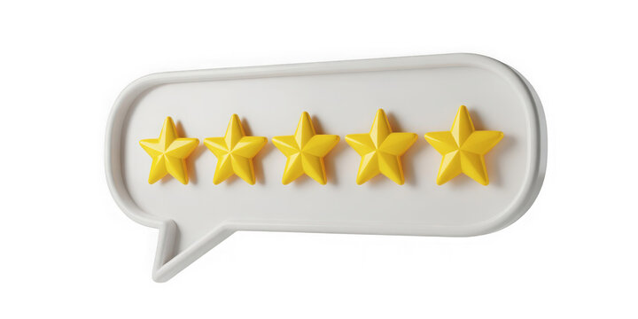 Five yellow stars representing a perfect customer satisfaction rating inside a speech bubble isolated on transparent background