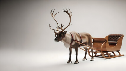 Reindeer pulling wooden sleigh in winter setting  