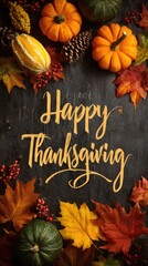 Happy Thanksgiving text on wooden background with pumpkins, cones, yellow and red autumn maple leaves. Autumn harvest background