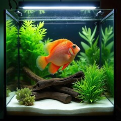 Vibrant orange angelfish swims in a rich planted aquarium tank. LED lighting enhances green aquatic plants, driftwood, and sand substrate. Healthy underwater ecosystem with aquatic life.