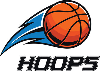 Hoops Basketball Logo with Dynamic Flying Ball - Modern Sports Design for Teams, Clubs, and Athletic Events

