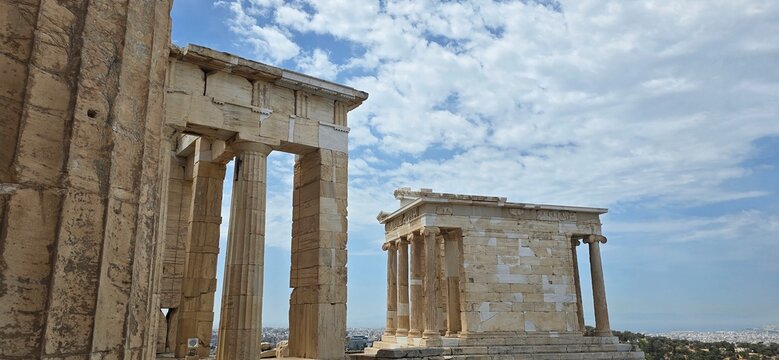 The majestic Propylaea, monumental gateway to the Acropolis, Athens, Greece. It was designed by the architect Mnesicles, 437-432BC.