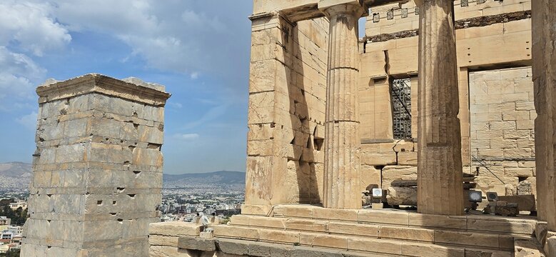 The majestic Propylaea, monumental gateway to the Acropolis, Athens, Greece. It was designed by the architect Mnesicles, 437-432BC.