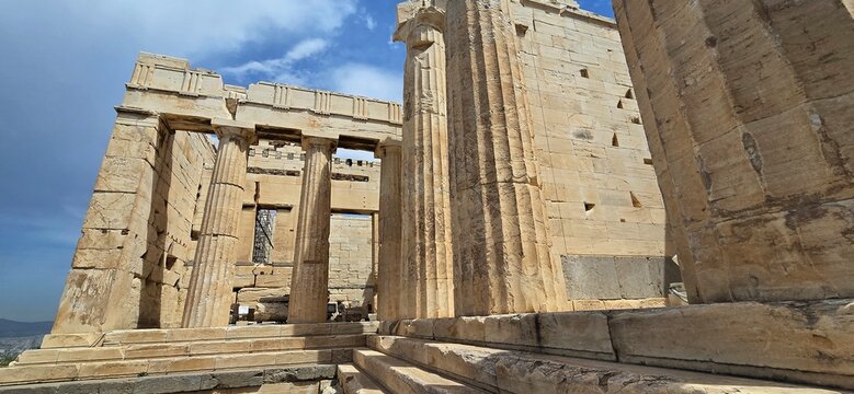 The majestic Propylaea, monumental gateway to the Acropolis, Athens, Greece. It was designed by the architect Mnesicles, 437-432BC.
