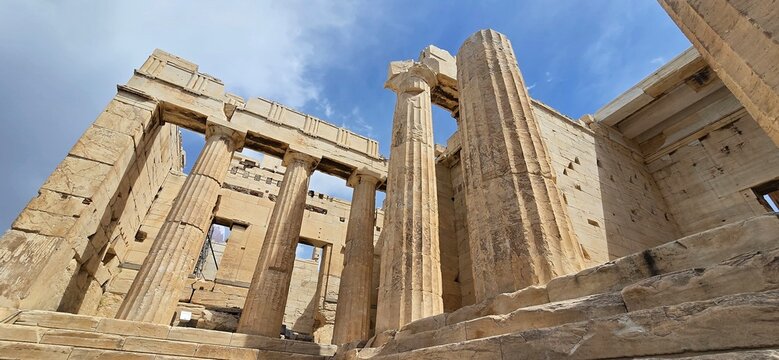 The majestic Propylaea, monumental gateway to the Acropolis, Athens, Greece. It was designed by the architect Mnesicles, 437-432BC.