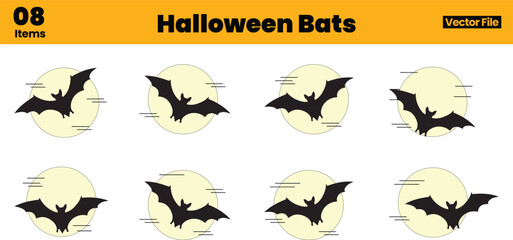 Fototapeta premium Halloween Bats Vector Collection Featuring Eight Black Bat Silhouettes Flying in Front of Full Moons in Varied Dynamic Positions