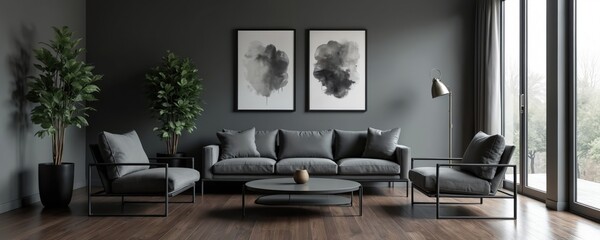 Modern living room features slate gray walls, polished ebony wood floors, minimalist slate furniture. Two abstract paintings hang above sleek sofa. Adjacent armchair, steel floor lamp complement