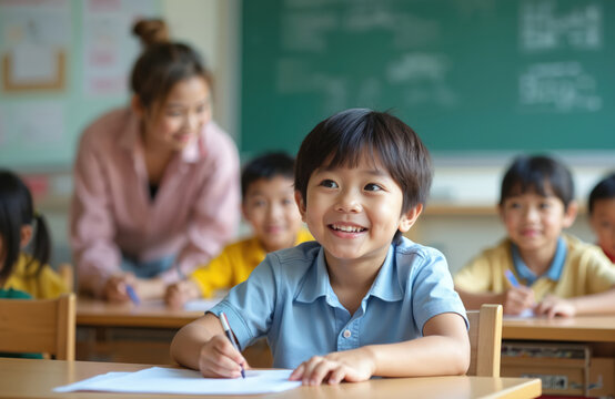 Asian children with disabilities learn in special school classroom with Autism child. Attractive teacher supervises preschool kids receiving education, support, and care in childcare center. - Powered by Adobe