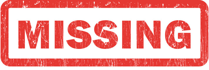 Red grunge rubber stamp with the word missing distressed vector illustration for lost items and urgent notices isolated on white background | Missing word on white background