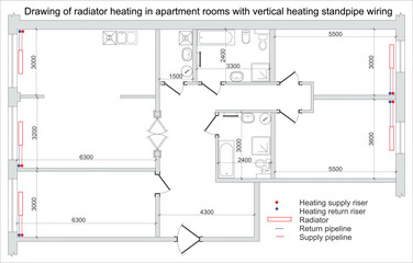 Vector drawing of radiator heating in apartment rooms with vertical heating standpipe wiring with dimension lines. Engineering architectural design on white paper sheet. Technology schematic diagram.
