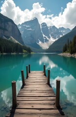 Obraz premium Wooden pier extends into calm, turquoise lake surrounded by rich green forest, towering, majestic mountains. Clear water perfectly reflects scenic landscape under bright blue sky with fluffy white