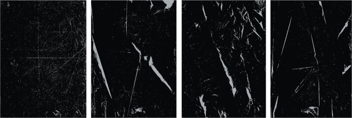 Vintage overlay textures with folded paper look, distressed scratches, dusty grunge marks, torn edges, and punk style creases. Ideal for damaged film frames, retro effects, or raw design. Vector.