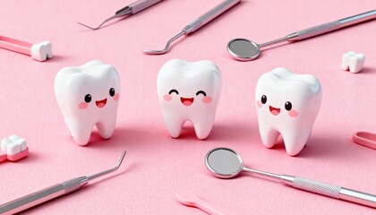 Cute 3D cartoon tooth characters with happy faces arranged with dental instruments on soft pink surface, flat lay design