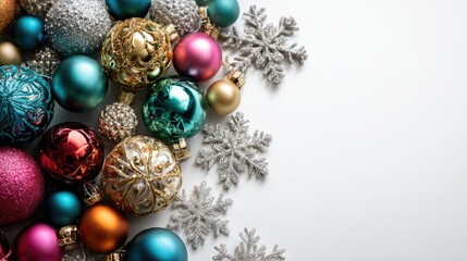 Colourful Christmas baubles on white background with copy space. New Year ornaments with snowflakes on winter holiday season