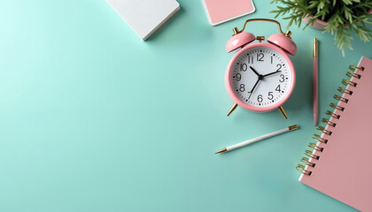 Pastel pink alarm clock, office supplies arranged on aqua background symbolize efficient delegation, team productivity. Notebook, pens, plant suggest organized workspace for time management, planning.