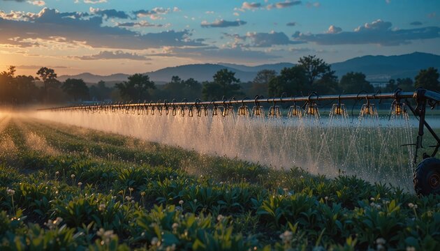 Agricultural irrigation system waters a lush green field at sunset with mountains in the background creating a serene and productive landscape - Powered by Adobe