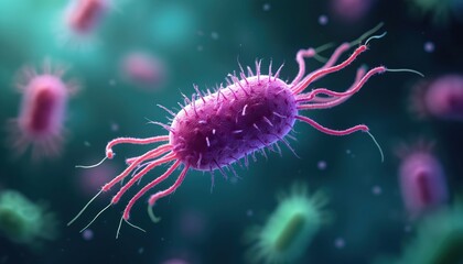 Fototapeta premium Microscopic view of vibrant H. pylori bacterium with flagella, floating among microorganisms. Digitally rendered illustration for science, health, biology education, research, healthcare analysis.