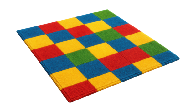 A washable checkerboard rug, ideal for a child's room and playtime fun.