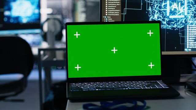Close up of server hub mockup laptop tracking rigs processing machine learning datasets for artificial intelligence operations. Isolated screen notebook monitoring gear used in AI LLM development