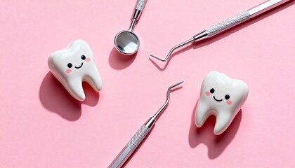 Photorealistic flat lay of cute smiling cartoon tooth models and dentist tools on pink background, clean modern composition