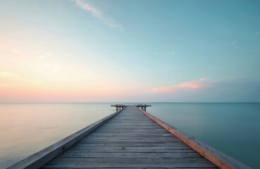 Fototapeta premium Wooden pier extends into calm ocean at dawn. Sky reflects pastel colors. Sunrise sunset scene. Tranquil seascape with wooden walkway, space for text. Peaceful ambiance for travel concepts, vacation