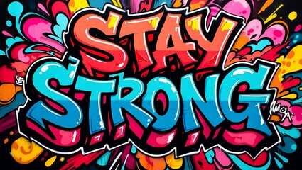 Naklejka premium Vibrant Graffiti Art with Motivational Message Stay Strong Illustration