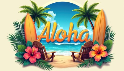 Colorful aloha sign design element with tropical flowers, surfboards, palm leaves, and ocean waves. Two chairs sit on a sandy beach, perfect for summer vacation or Hawaiian island poster art.
