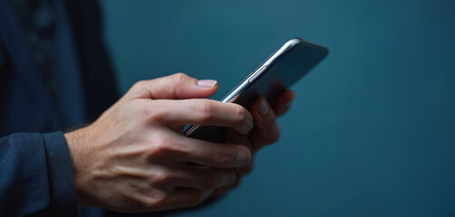 Man in dark suit uses smartphone in close-up shot. Male hand holds mobile device, scrolling screen. Focus on fingers interacting with digital technology. Modern communication, business, personal use.