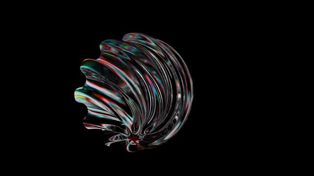 Iridescent swirling object on a black background with reflective surface and colorful highlights