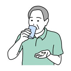 薬を飲む高齢男性の健康管理イラスト