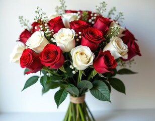 Fototapeta premium Elegant bouquet features red, white roses, tied with twine. Fresh floral arrangement combines deep red, pure white blooms with delicate green foliage. Perfect for weddings, anniversaries, romantic