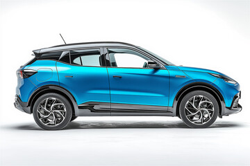 Fototapeta premium Modern turquoise crossover photographed in studio profile view against white background. Sleek compact urban vehicle with distinctive sporty design features and premium alloy wheels.