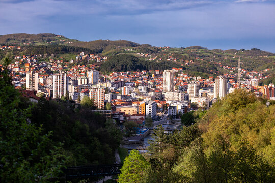 Užice, a town in Serbia on the banks of the Djetinja River, surrounded by mountains and rocks