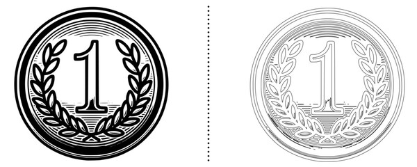 Victory Medal with Number 1 and Laurel Wreath Icon Achievement, Success, and First Place Award in Line and Solid Vector Style for Recognition, Reward, and Celebration Concepts