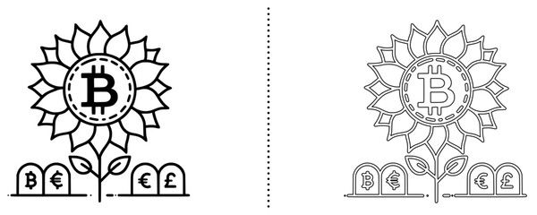Creative vector illustration of a Bitcoin flower growing from coins, symbolizing cryptocurrency investment, blockchain growth, and digital finance evolution in solid and outline styles.