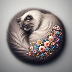 Fluffy cat curled into a ball, its tail forming a floral circle, no background