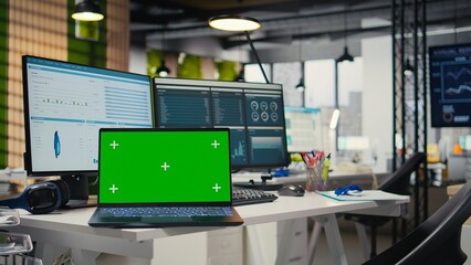 Empty professional office includes analytics tools and isolated display, supplies arranged for forecasting and business strategy to support modern development and operational efficiency.
