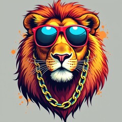 Obraz premium Digital artwork of lion wearing vibrant sunglasses and gold chains. Attitude-filled feline exudes confidence with warm tones and cool demeanor. Majestic king of jungle illustration for graphic design.