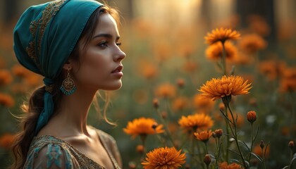 Naklejka premium Portrait beautiful woman in forest wearing teal headscarf, gold earrings. Brunette lady in profile poses near orange flowers at sunset. Beauty, nature. Floral, fashion, boho style concept. Photo with