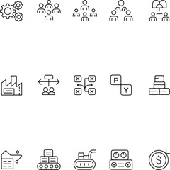 Collection of business and industrial icons, showcasing various concepts such as teamwork, manufacturing, and decision-making.