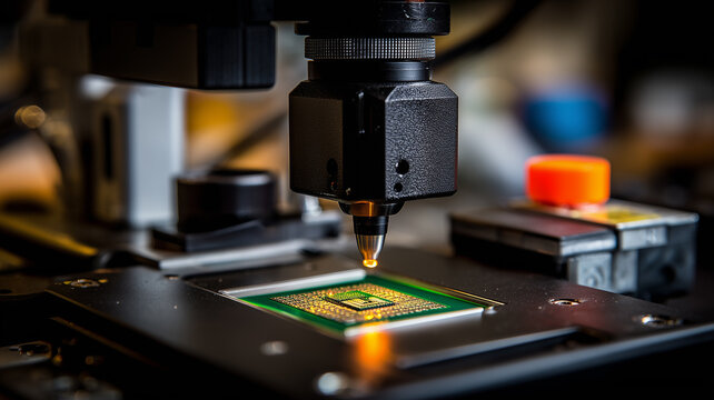 Micro assembly head applying material to an integrated circuit, visualizing precision semiconductor manufacturing and the pursuit of reliable electronics.
