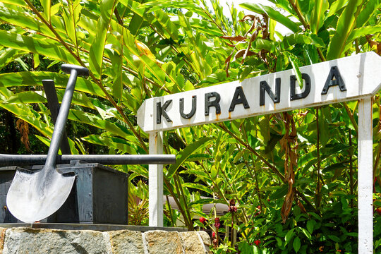 Kuranda Sign at Historic Kuranda Train Station in Queensland Australia. Iconic Landmark in Tropical Rainforest Village.