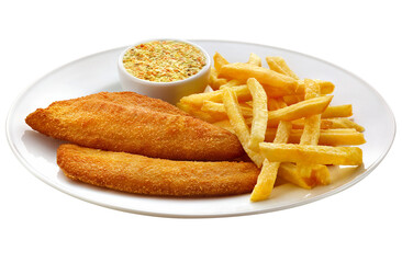 prato com filé de peixe empanado acompanhado de batatas fritas e maionese temperada isolado em fundo transparente - fish 'n' chips 