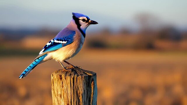 Blue jay perched on a wooden post