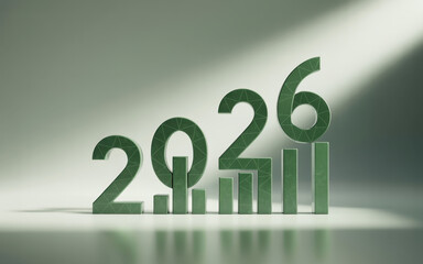 Green 2026 numbers with rising bar graph symbolizing financial growth and future projections against a soft illuminated background