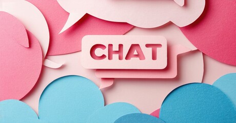 Papercraft design features word chat amid pink, blue speech bubbles. Bright colors, layered effect creates playful visual.
