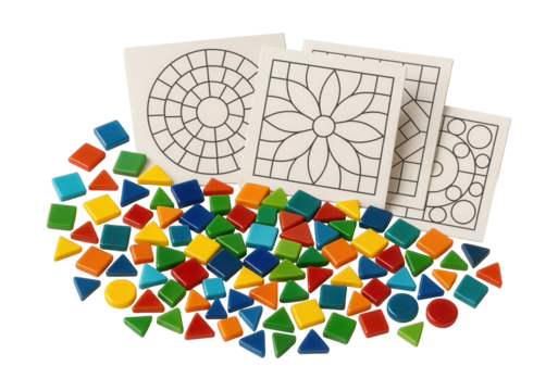 Mosaic art kits with tiles and templates for creating wall decor at home.
